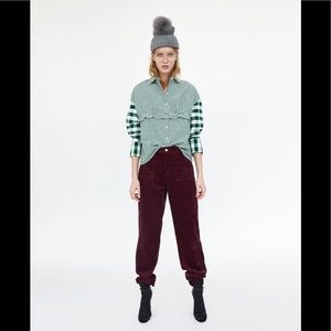 NWT Zara Trafaluc Size XS Green & White Contrasting Checkered Long Sleeve Top